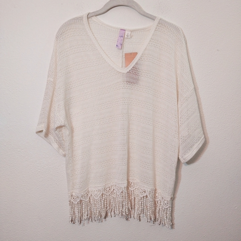 Alya Cream Short Sleeve Crochet Fringe Top NEW S